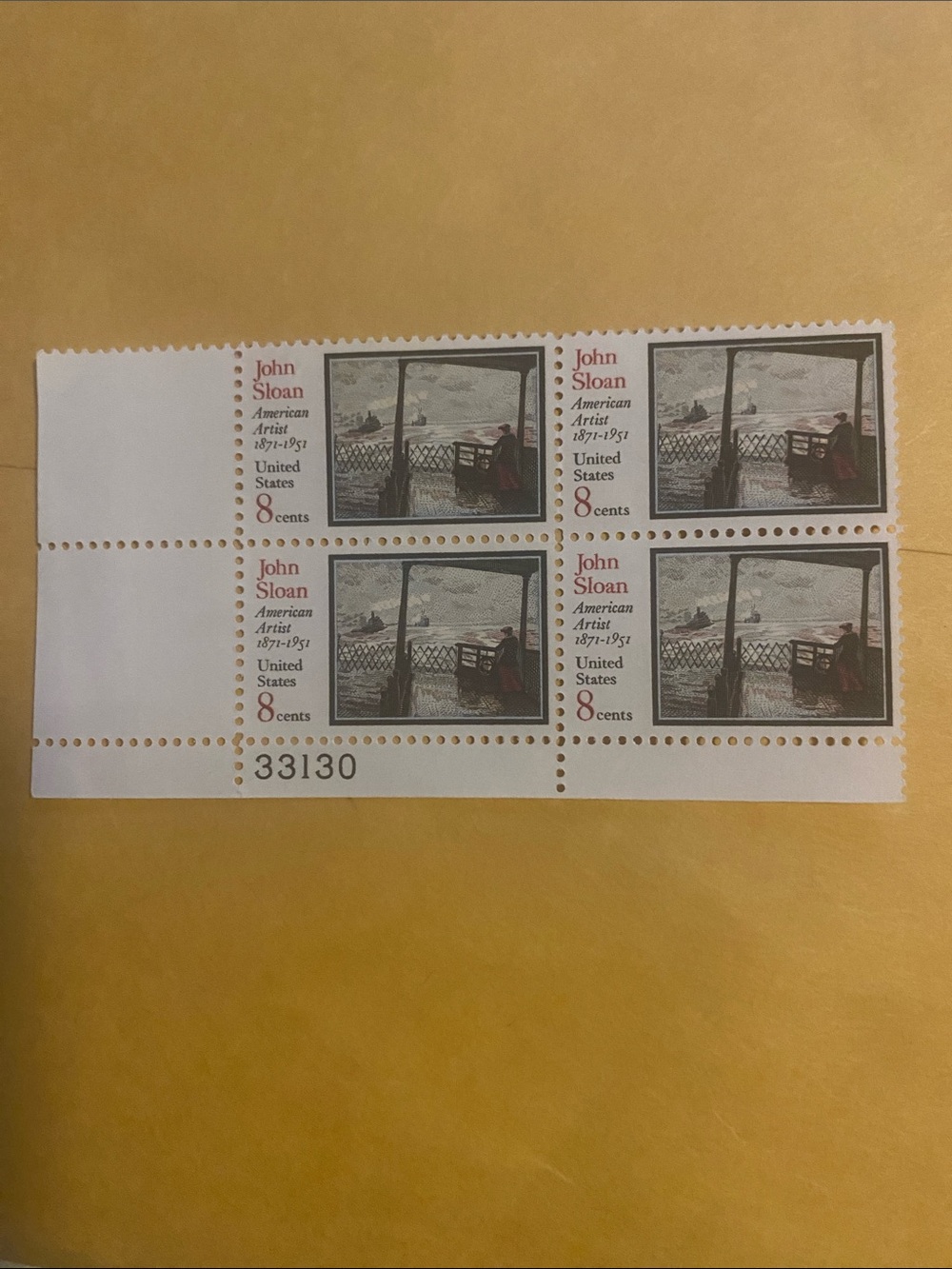 Vintage 8¢ John Sloan Stamp Plate Block - Cream Background